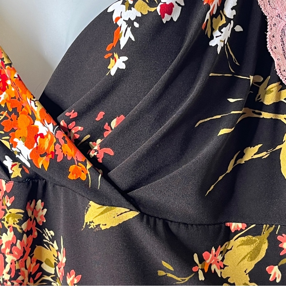 Y2K j.t.b. Floral Print Lace Trim Mock Wrap V Neck Top L Pink Brown Boho Spring - Picture 6 of 15